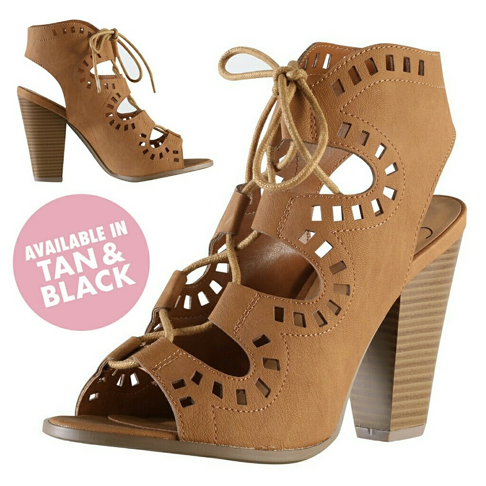 TAN Laser Cut Lace-Up Caged Peep Toe Heels NIB - Picture 1 of 8