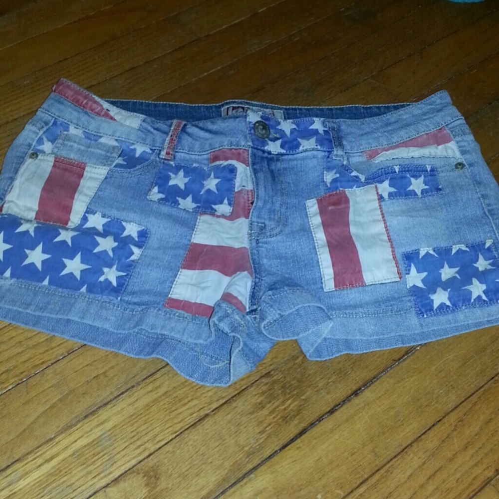 American flag style shorts.