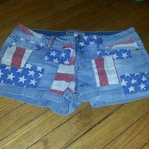 American flag style shorts.