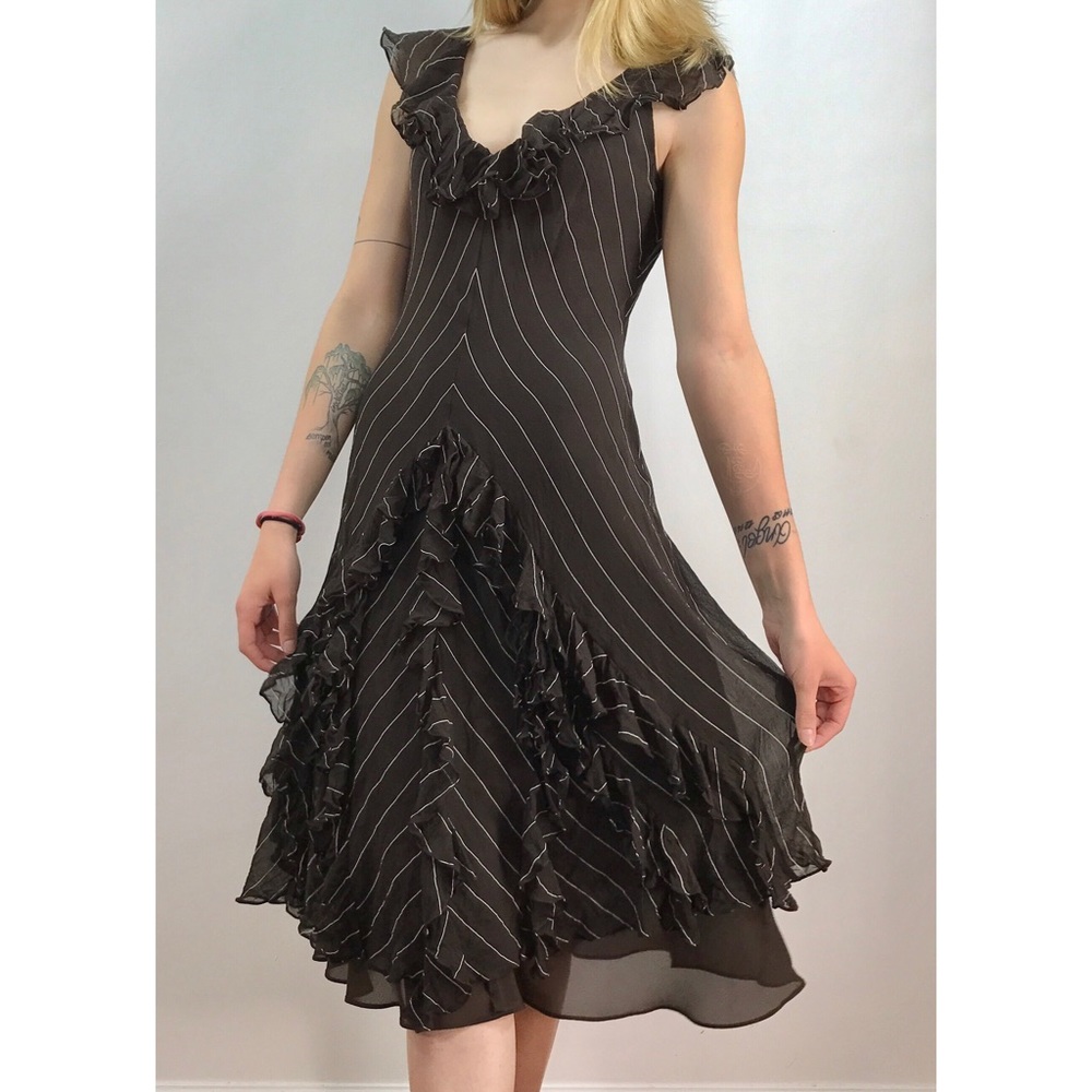 Lauren RL Brown & White Striped Dress with Ruffles