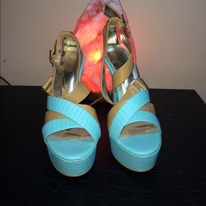 Turquoise and tan strappy platform heels
