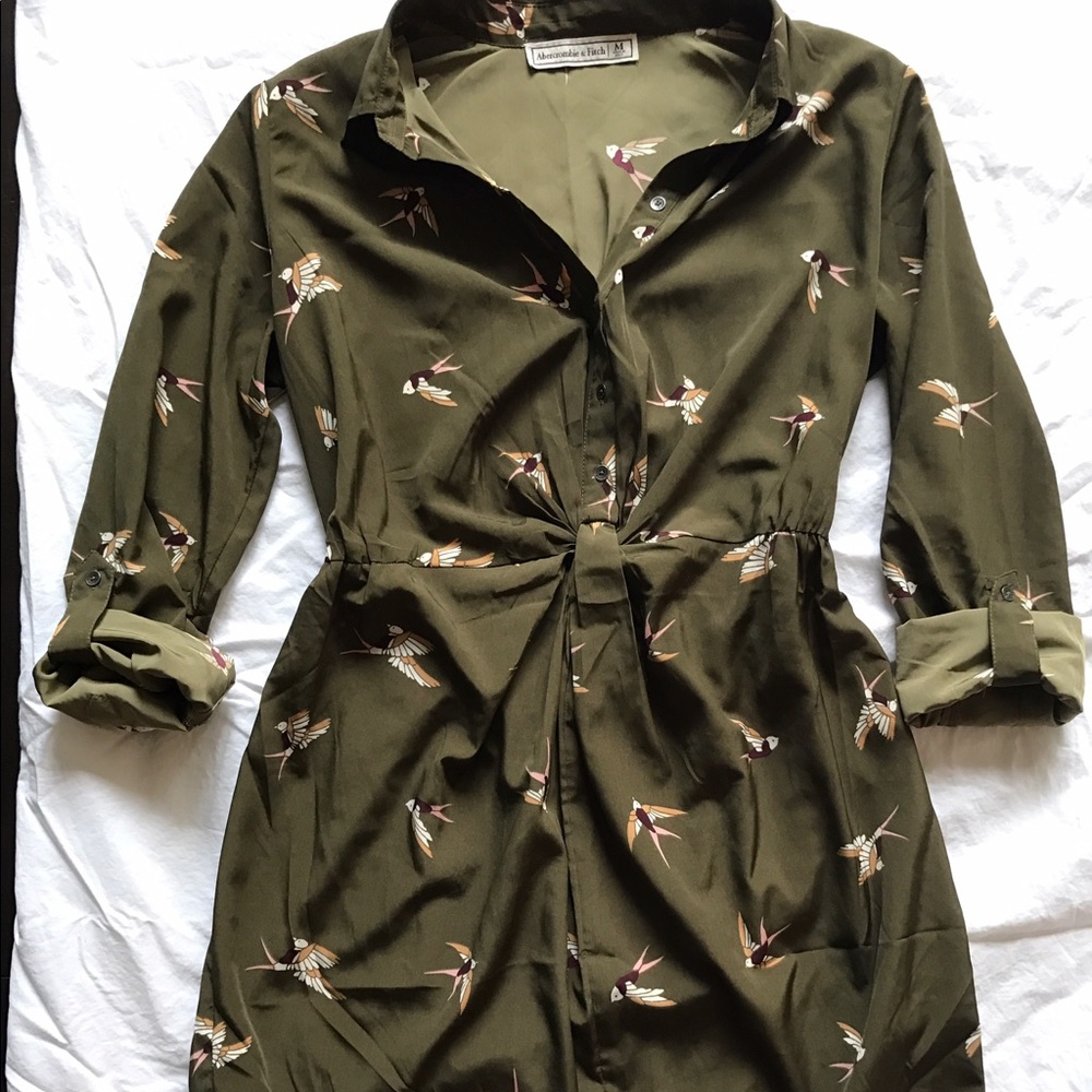 Woven Olive Bird Print Shirtdress