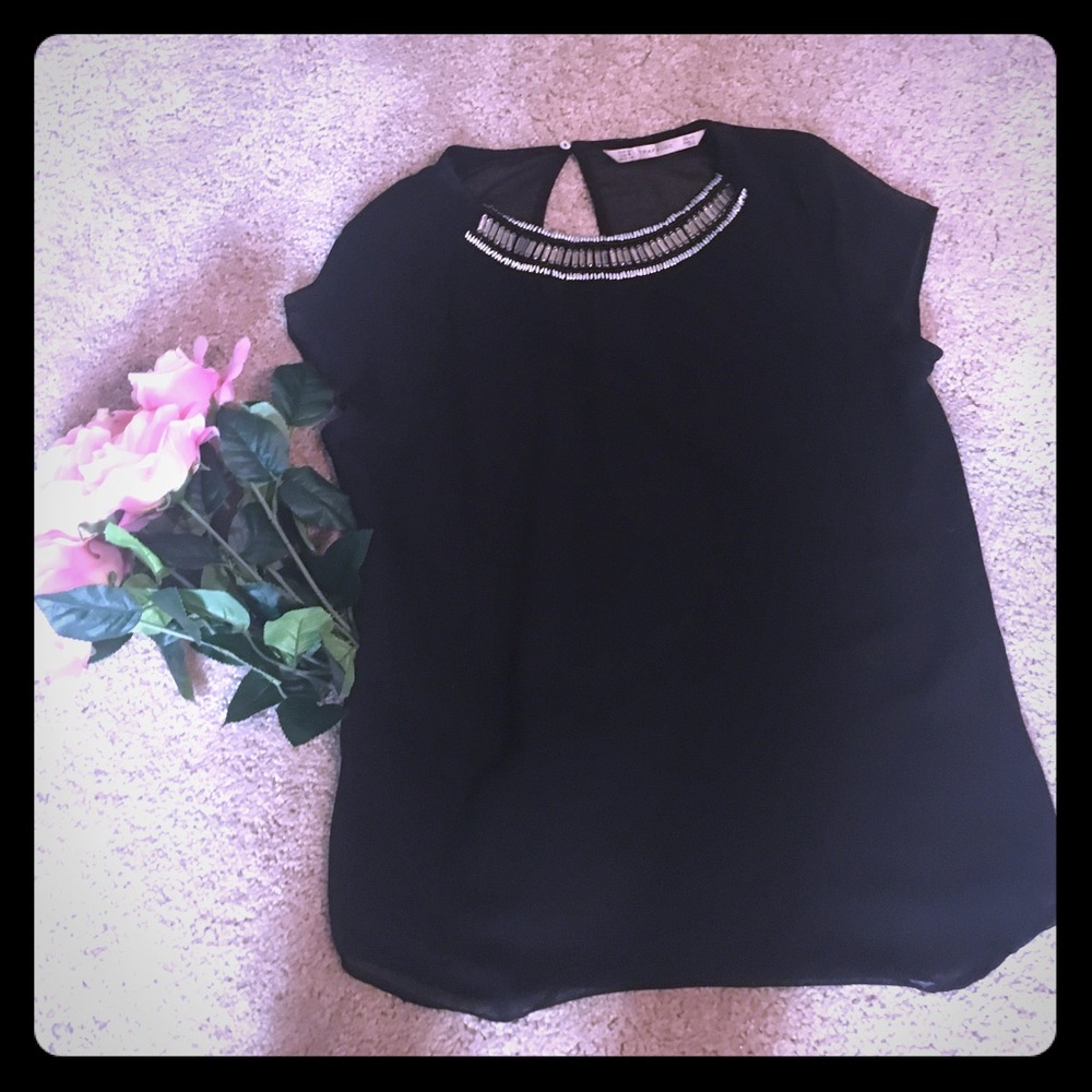 Zara Beaded Collar Black Blouse