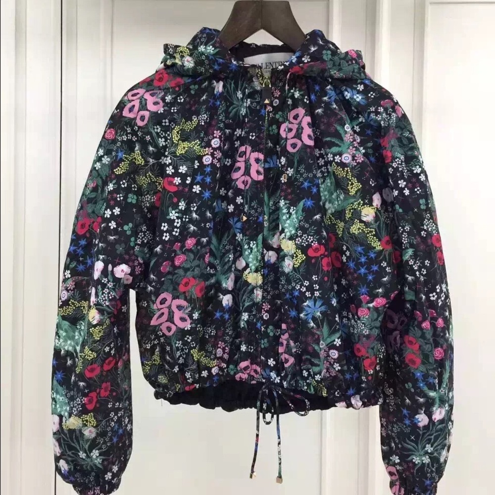 Valentino Floral-Print Silk Hooded short Jacket