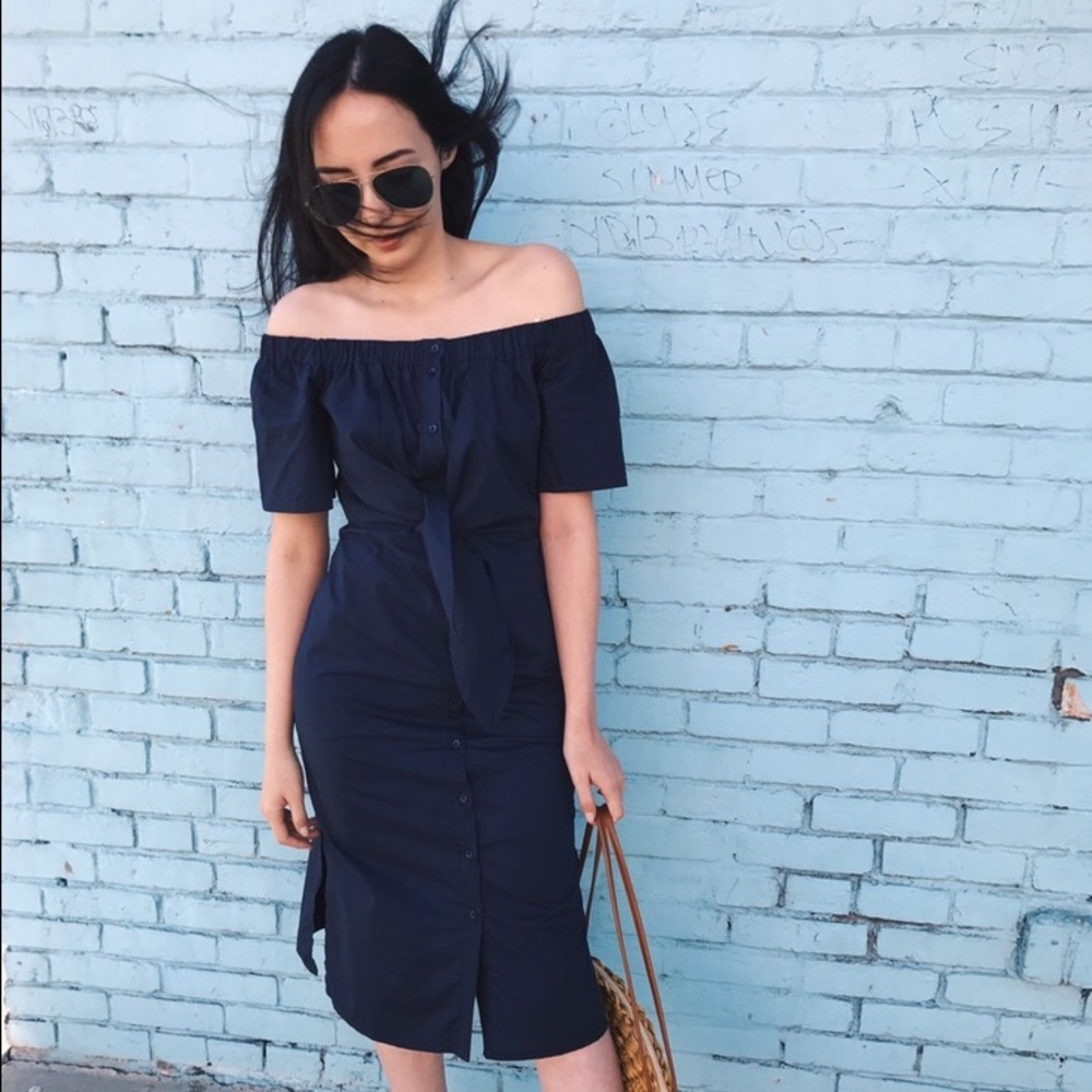 Navy blue off the shoulder tie dress