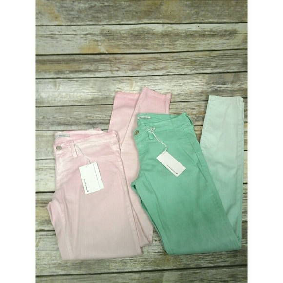 2 pairs Pink & Mint Dip-Dye Skinny Jeans Jeggings - Picture 2 of 8