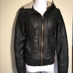 Garage Black Faux Leather Bomber Jacket Size XS