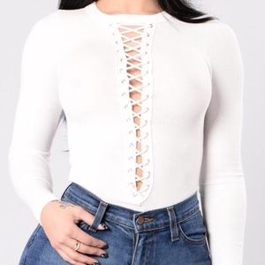 White & Cream Ribbed Lace Up Bodysuit