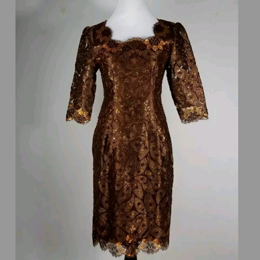 vintage cocktail dress wiggle prom brown gold
