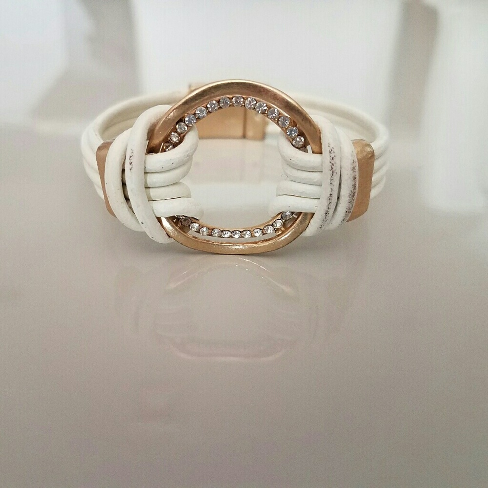 White Leather Bracelet w/Crystal & Gold Detail
