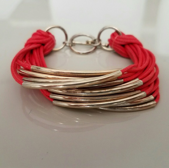 Coral Multi-strand Leather Bracelet w/Gold Detail - Picture 1 of 2