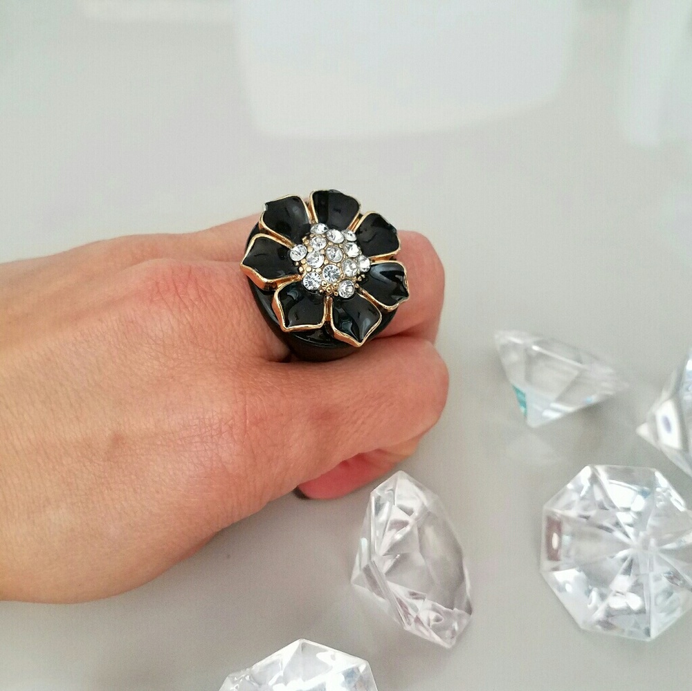 Macys Black Enamel and Jeweled Cocktail Ring