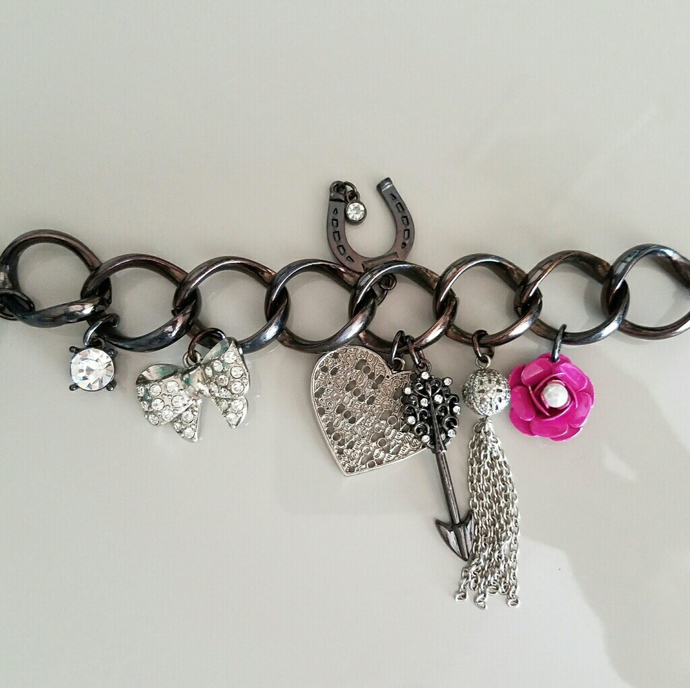 GUESS Gunmetal Link Charm Bracelet