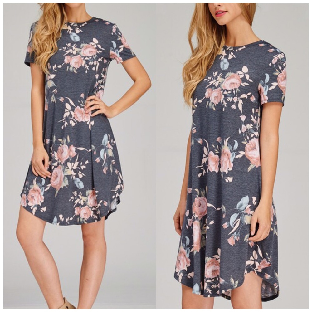 Round Neck Brushed Floral Midi Dress - Picture 2 of 3