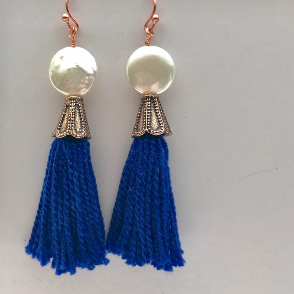 New. Handmade Coin Pearl, Copper, Tassel Earrings