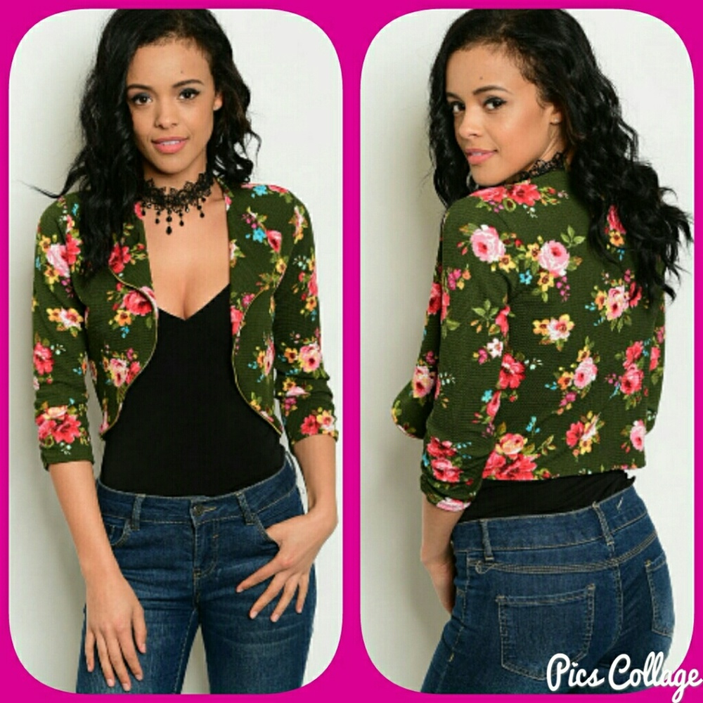 Cropped Green Floral Cardigan-Jacket - Picture 1 of 7