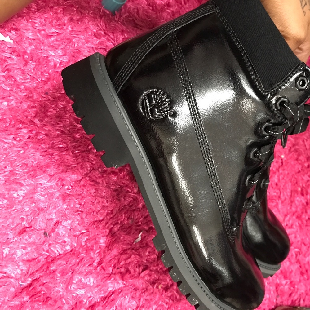 Black patent leather timberlands