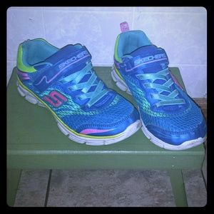 No lace Skechers in pink, blue & lime green