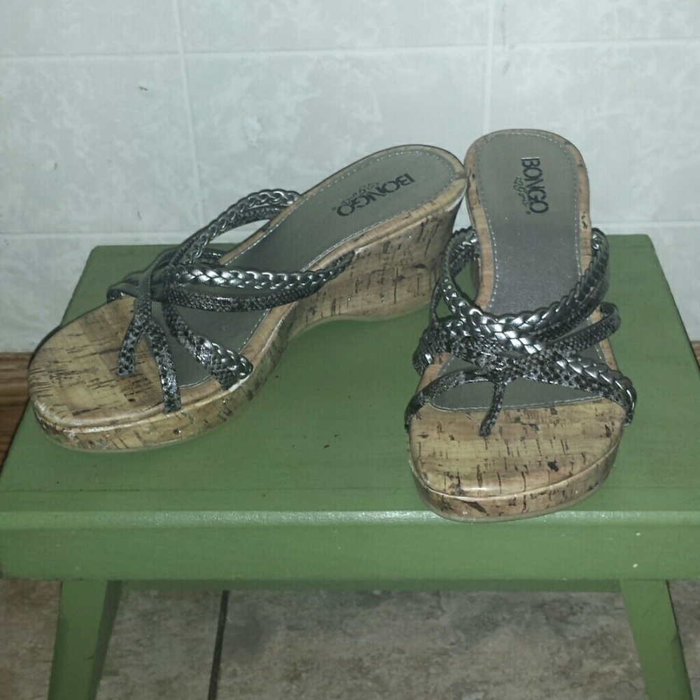 Pewter/gray braided cork wedge slip on sandals