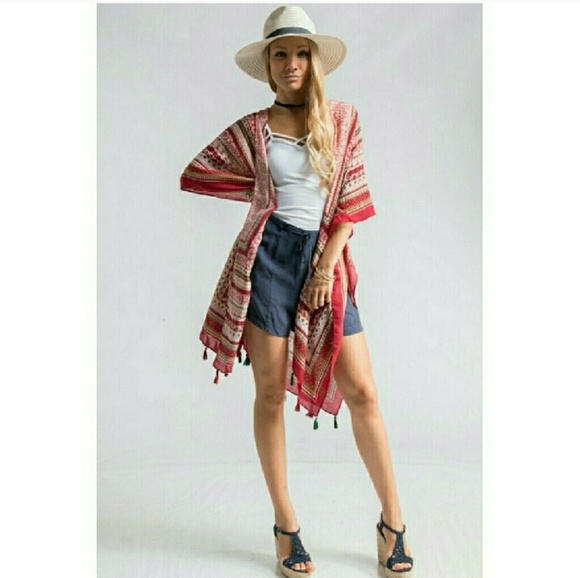 AZTEC SCARF PRINT SHRUGS w/ TASSEL TRIM - Picture 4 of 6