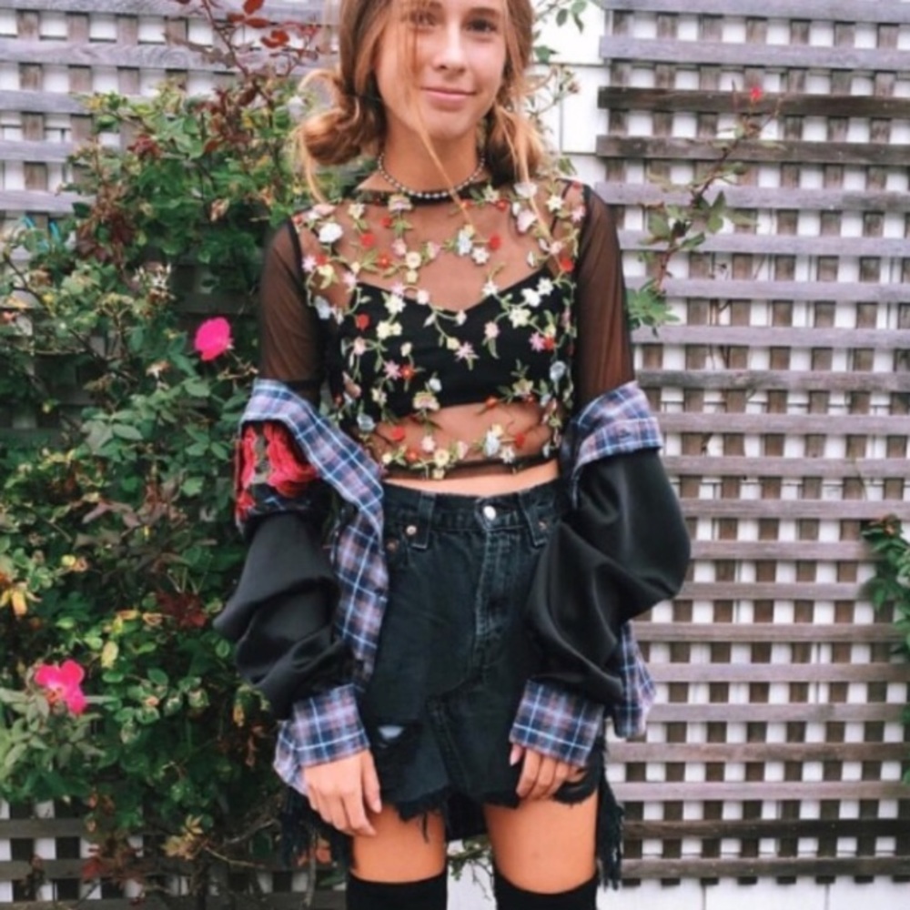 LF mesh embroidered flower shirt