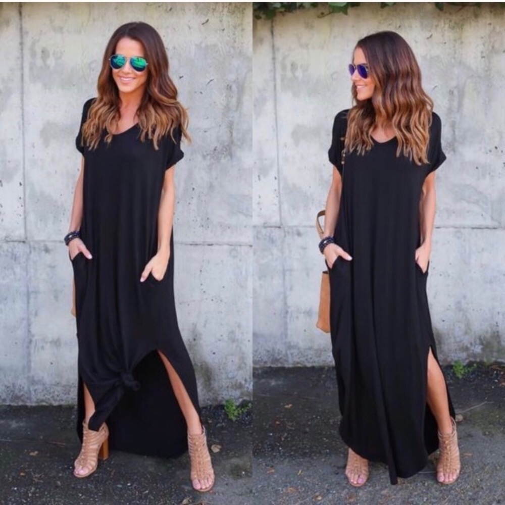 Black Short Sleeve Maxi Dress with Pockets Slits - Picture 1 of 8