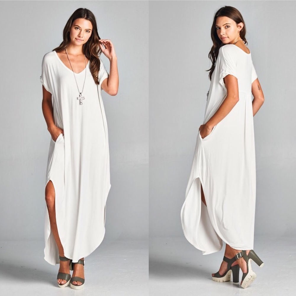 Black Short Sleeve Maxi Dress with Pockets Slits - Picture 6 of 8
