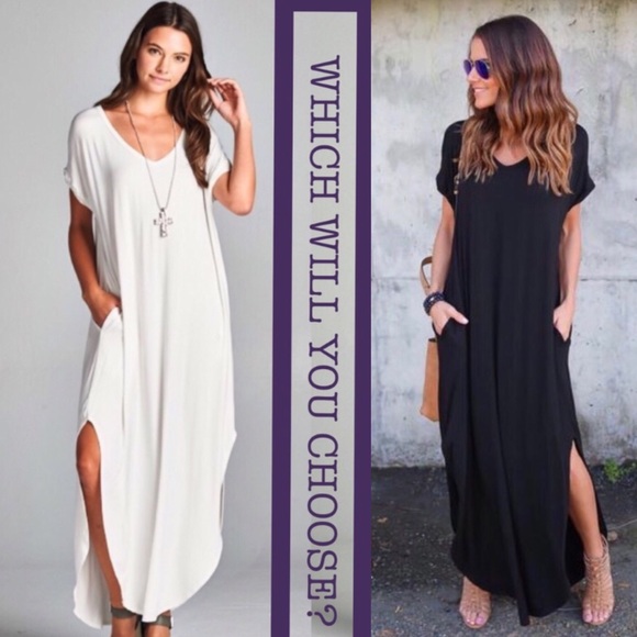 Black Short Sleeve Maxi Dress with Pockets Slits - Picture 7 of 8