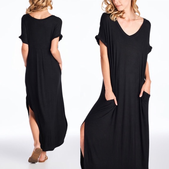 Black Short Sleeve Maxi Dress with Pockets Slits - Picture 2 of 8