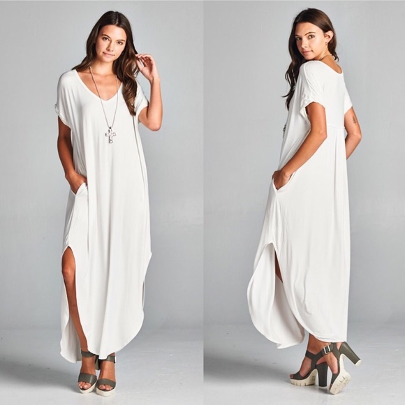 Black Short Sleeve Maxi Dress with Pockets Slits - Picture 6 of 8