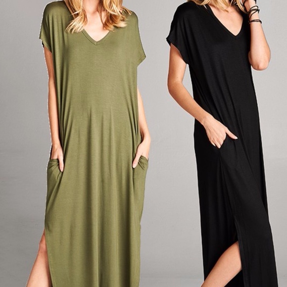 Black Short Sleeve Maxi Dress with Pockets Slits - Picture 4 of 8