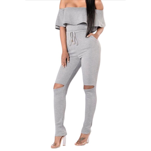 off the shoulder fitted jumpsuit