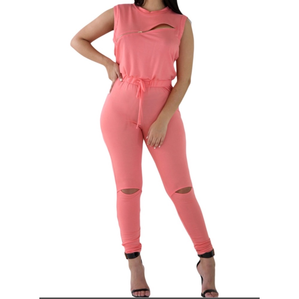 Creative Zip Line Orange Stretchy Jumpsuit