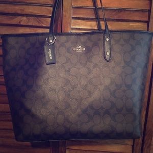Large Coach Tote- dark brown logo leather