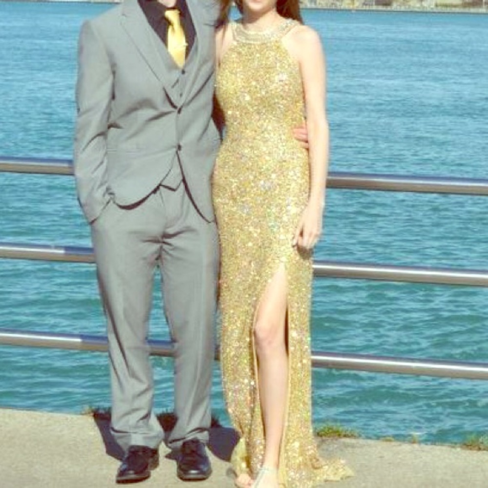 Gold, open back, sequin, floor length dress