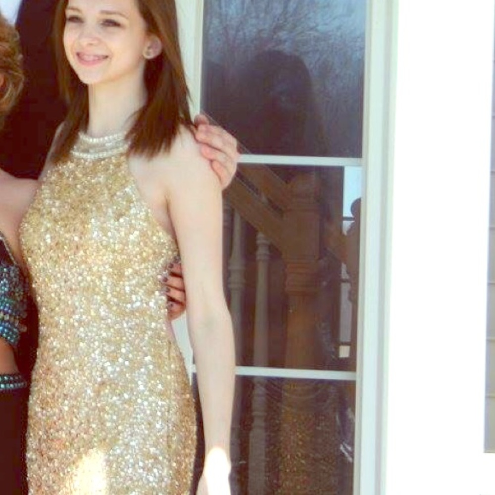 Gold, open back, sequin, floor length dress - Picture 3 of 3