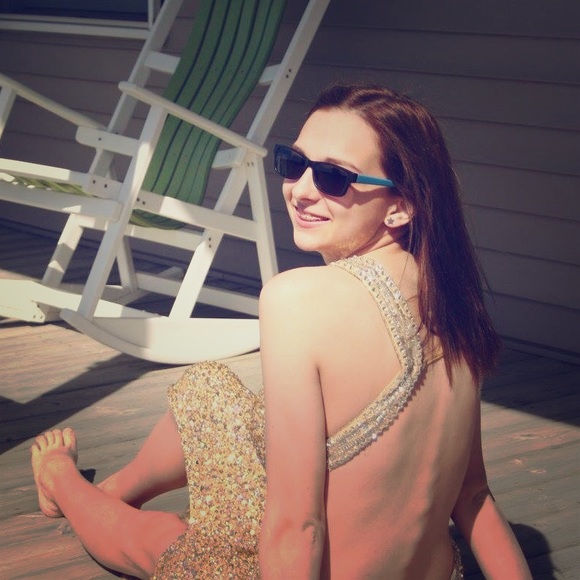 Gold, open back, sequin, floor length dress - Picture 2 of 3