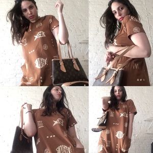 Tribal fish dress brown long vintage