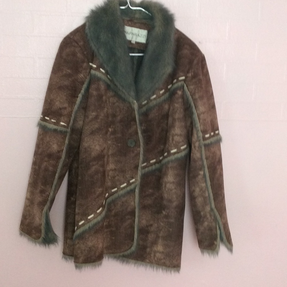 Brown and blue suede and fur jacket