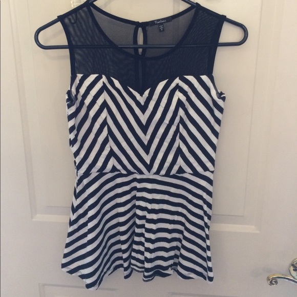 Monteau Tops - Black and white stipe peplum with mesh back