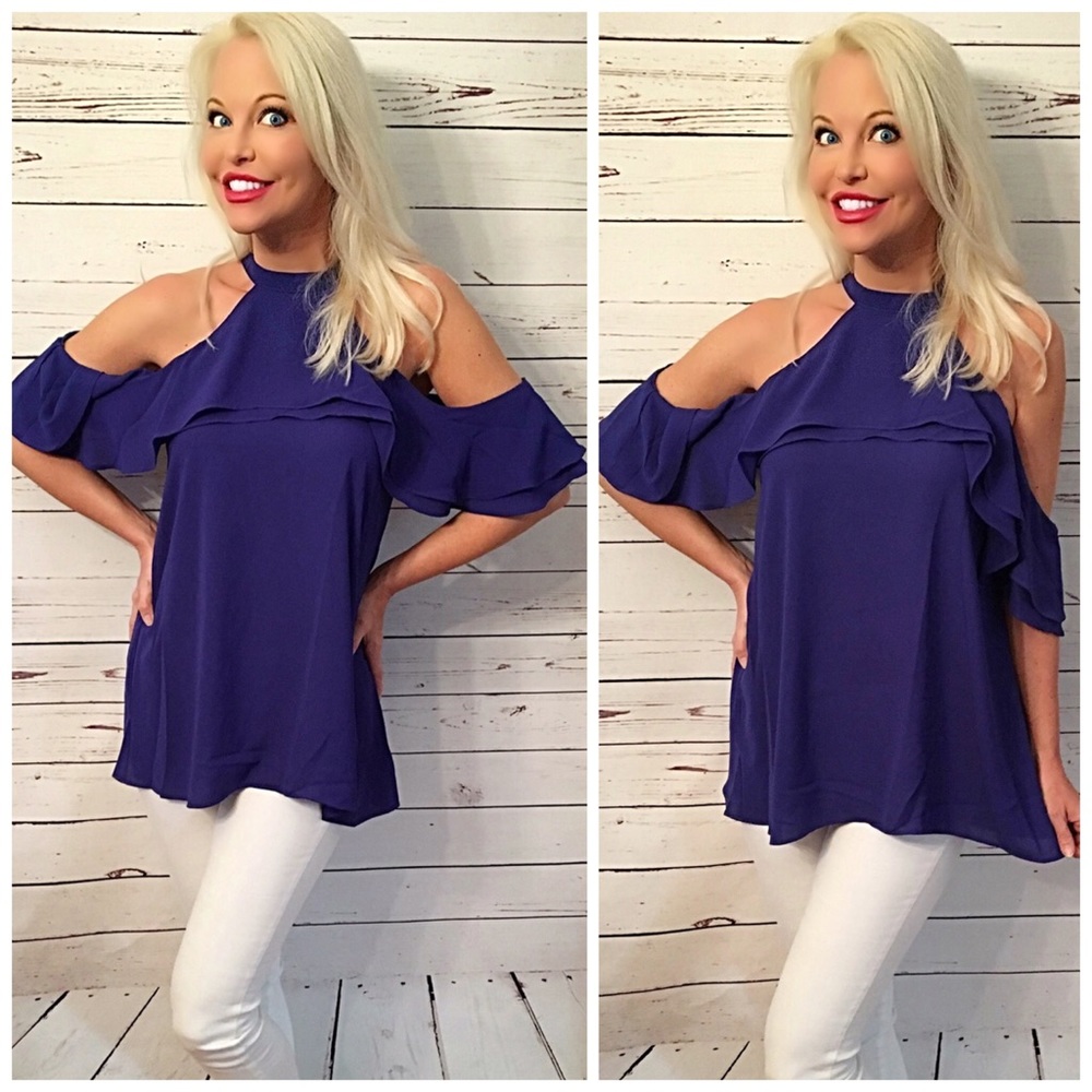 Royal blue Layered ruffle open shoulder halter! - Picture 2 of 4