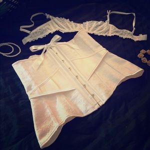 Peach and white satin and lace underbust corset XL