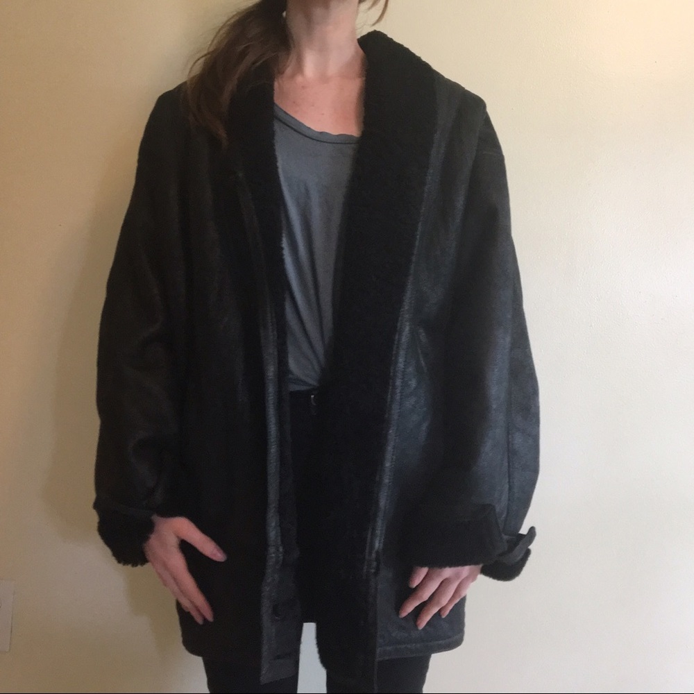 Leather Pile-lined Shawl Collar Coat - Picture 1 of 3