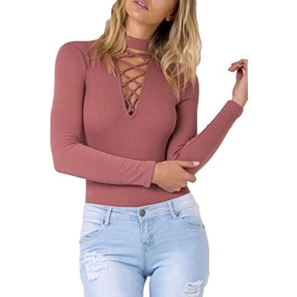 Tops - ribbed laceup choker bodysuit red