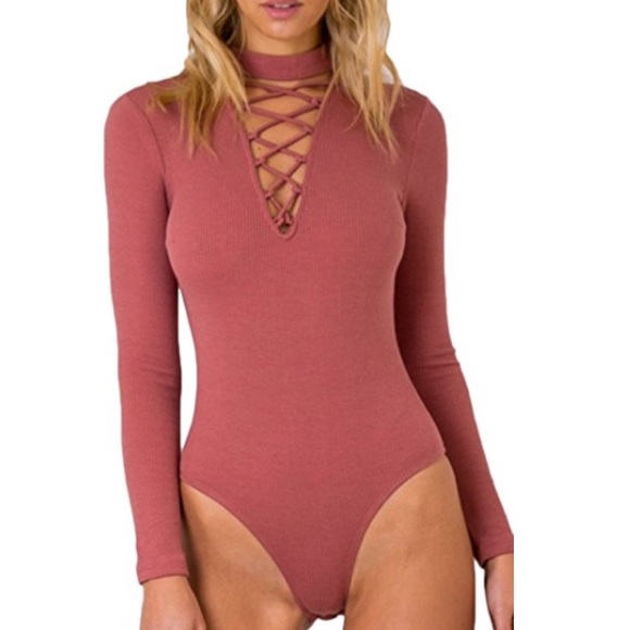 ribbed laceup choker bodysuit red - Picture 3 of 8