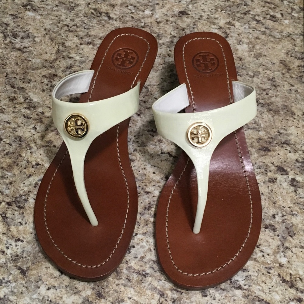 Tory Burch Cameron Ivory/Gold Thong Wedge