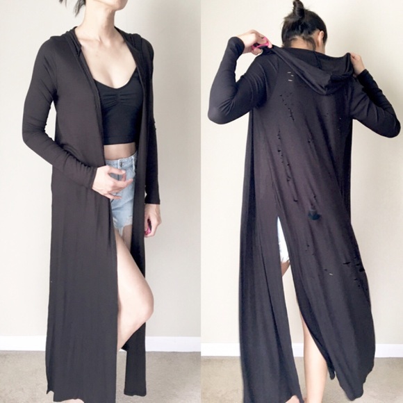 Long distressed hoodie cardigan. - Picture 4 of 5