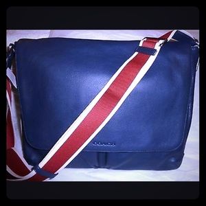 Men's Coach blue and red striped messenger bag