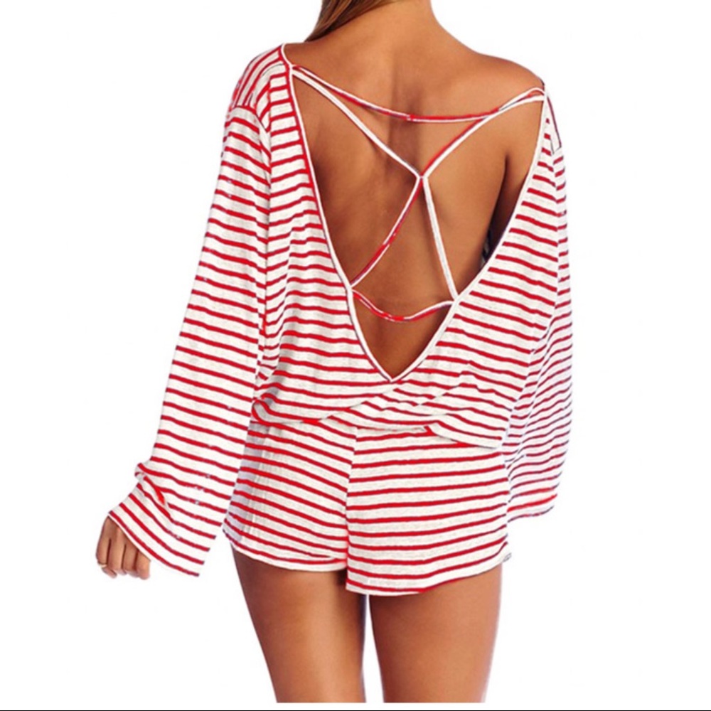 Red White Batwing Stripe Cover-Up Romper - Picture 2 of 2