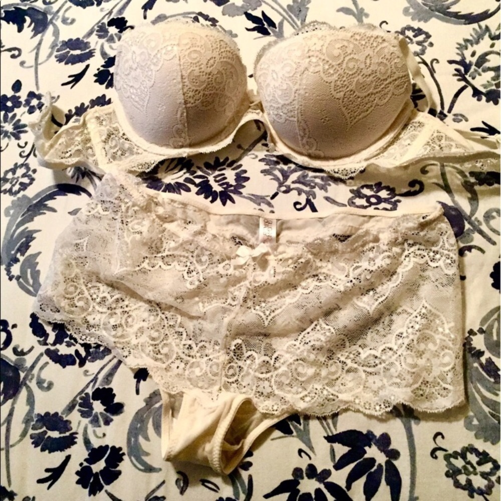 Cream colored lingerie set.